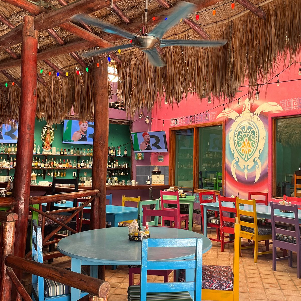 Colorful patio at Turtle Bay Café in Akumal — a family favorite for breakfast