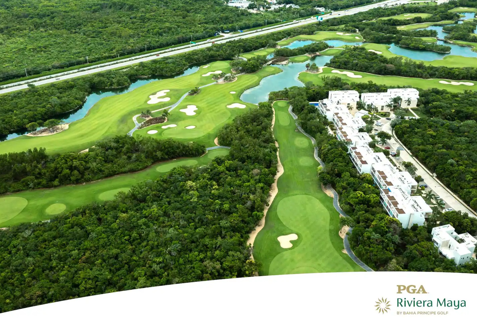 Aerial view of PGA Riviera Maya Golf Course fairways and lagoons