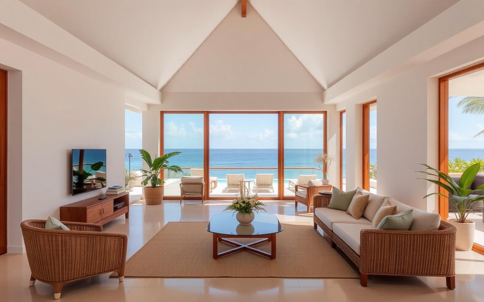 Sunlit beachfront villa interior with rattan furniture and an ocean view